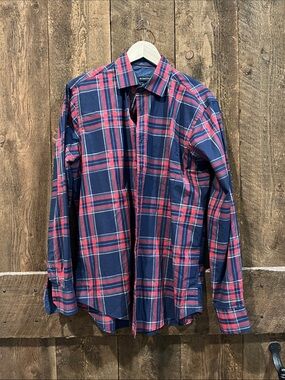 Bugatchi Navy & Red Plaid Cotton Button-Down Shirt